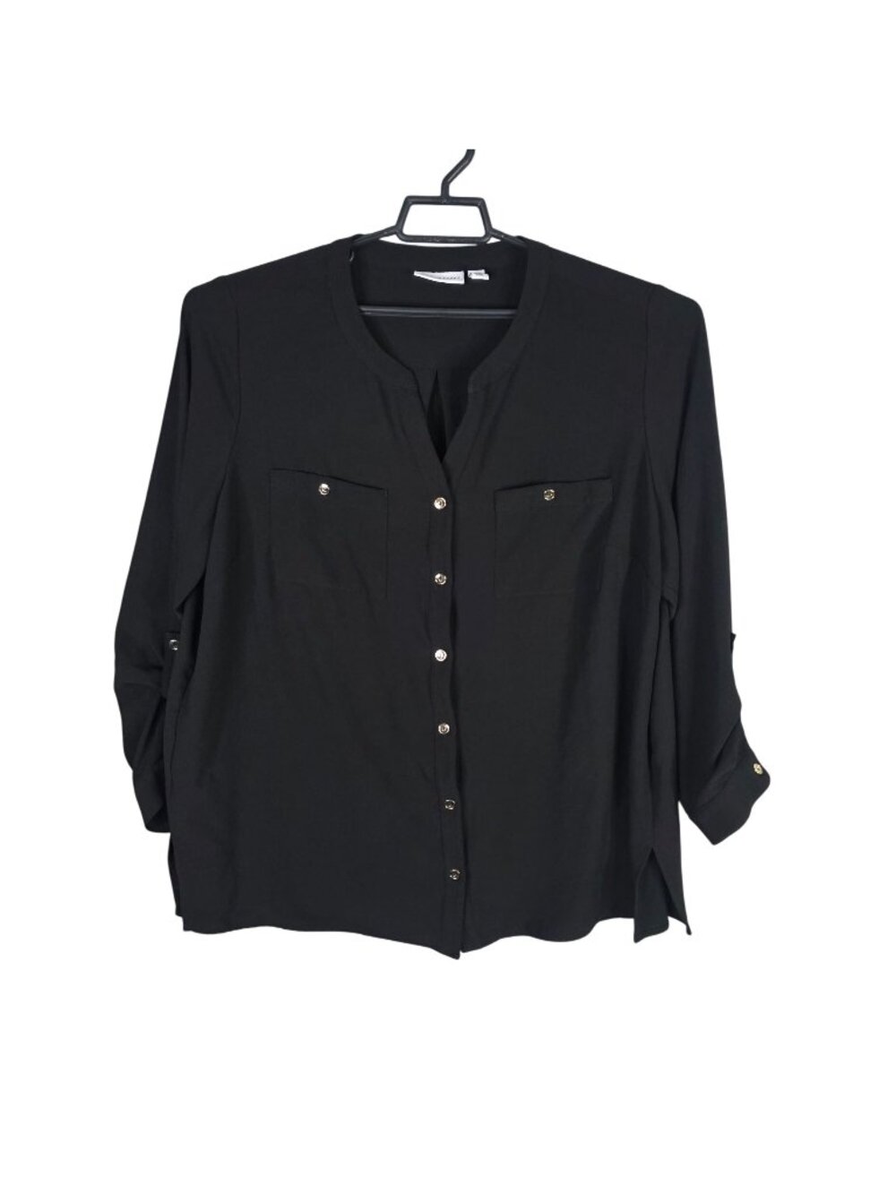 Womens Susan Graver Black Button Up Blouse Roll Tab Sleeves Polyester Blend 20W